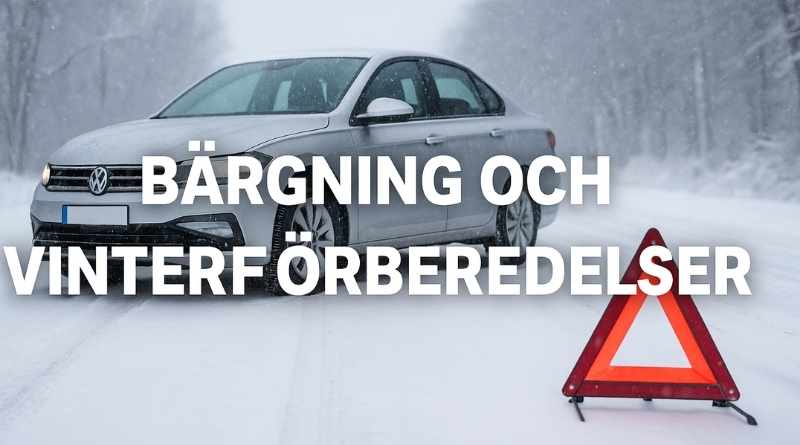 Bil som förbereds för vintern med snö och halkrisk i bakgrunden