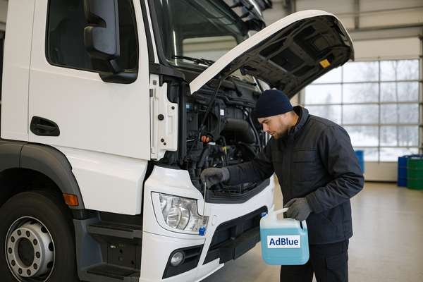 Lastbil i verkstad under vinterservice – kontroll av AdBlue och kylsystem